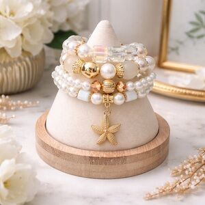 Pearl Crystal Coastal Grandma Bracelet Stack Gold Starfish Charm Boho Whimsical